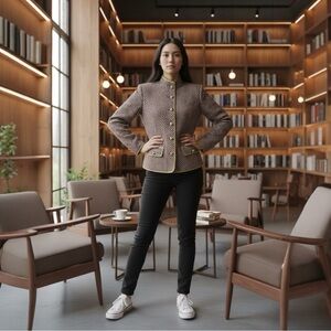 Chevron-Tweed Military-Style Blazer in Brown with Gold Trim